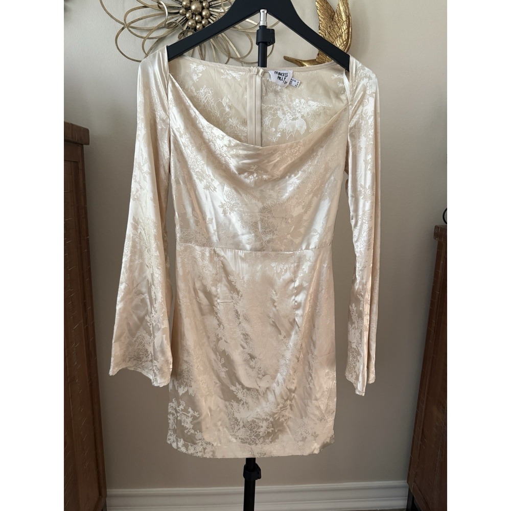 Princess Polly Ivory Satin Jacquard Cowl Neck Mini Dress Long‎ Sleeve US 2